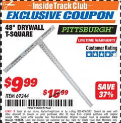 Harbor Freight ITC Coupon 48" DRYWALL T-SQUARE Lot No. 69244 Expired: 11/30/18 - $9.99