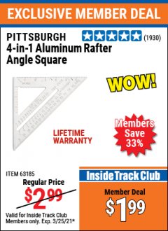 Harbor Freight ITC Coupon 4-IN-1 ALUMINUM RAFTER ANGLE SQUARE Lot No. 7718/63140/63185 Expired: 3/25/21 - $1.99