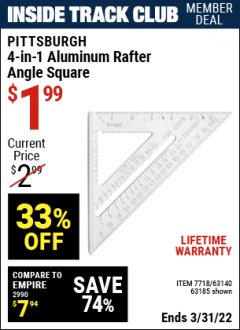 Harbor Freight ITC Coupon 4-IN-1 ALUMINUM RAFTER ANGLE SQUARE Lot No. 7718/63140/63185 Expired: 3/31/22 - $1.99