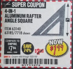 Harbor Freight Coupon 4-IN-1 ALUMINUM RAFTER ANGLE SQUARE Lot No. 7718/63140/63185 Expired: 10/31/18 - $1.99