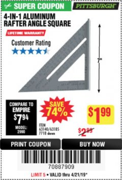 Harbor Freight Coupon 4-IN-1 ALUMINUM RAFTER ANGLE SQUARE Lot No. 7718/63140/63185 Expired: 4/21/19 - $1.99