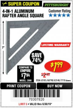 Harbor Freight Coupon 4-IN-1 ALUMINUM RAFTER ANGLE SQUARE Lot No. 7718/63140/63185 Expired: 6/30/19 - $1.99