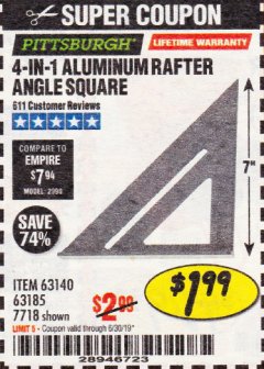 Harbor Freight Coupon 4-IN-1 ALUMINUM RAFTER ANGLE SQUARE Lot No. 7718/63140/63185 Expired: 6/30/19 - $1.99
