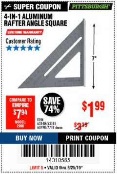 Harbor Freight Coupon 4-IN-1 ALUMINUM RAFTER ANGLE SQUARE Lot No. 7718/63140/63185 Expired: 8/25/19 - $1.99