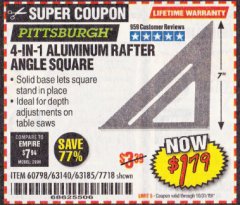 Harbor Freight Coupon 4-IN-1 ALUMINUM RAFTER ANGLE SQUARE Lot No. 7718/63140/63185 Expired: 10/31/19 - $1.79
