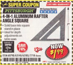 Harbor Freight Coupon 4-IN-1 ALUMINUM RAFTER ANGLE SQUARE Lot No. 7718/63140/63185 Expired: 11/30/19 - $1.99