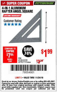 Harbor Freight Coupon 4-IN-1 ALUMINUM RAFTER ANGLE SQUARE Lot No. 7718/63140/63185 Expired: 11/24/19 - $1.99