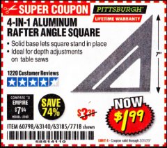 Harbor Freight Coupon 4-IN-1 ALUMINUM RAFTER ANGLE SQUARE Lot No. 7718/63140/63185 Expired: 3/31/20 - $1.99