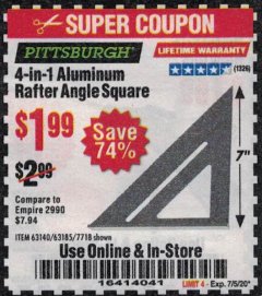 Harbor Freight Coupon 4-IN-1 ALUMINUM RAFTER ANGLE SQUARE Lot No. 7718/63140/63185 Expired: 7/5/20 - $1.99
