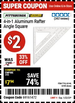 Harbor Freight Coupon 4-IN-1 ALUMINUM RAFTER ANGLE SQUARE Lot No. 7718/63140/63185 Expired: 1/22/23 - $2