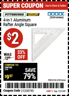 Harbor Freight Coupon 4-IN-1 ALUMINUM RAFTER ANGLE SQUARE Lot No. 7718/63140/63185 Expired: 1/21/24 - $2