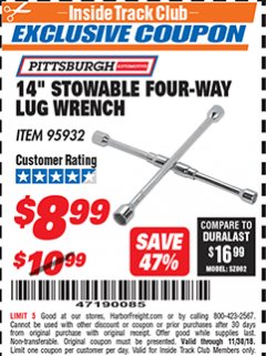 Harbor Freight ITC Coupon 14" STOWABLE FOUR-WAY LUG WRENCH Lot No. 95932 Expired: 11/30/18 - $8.99
