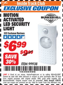 Harbor Freight ITC Coupon MOTION ACTIVATED LED SECURITY LIGHT Lot No. 99938 Expired: 4/30/19 - $6.99