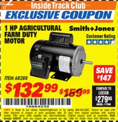 Harbor Freight ITC Coupon 1 HP FARM DUTY AGRICULTURAL MOTOR Lot No. 68288 Expired: 9/30/18 - $132.99