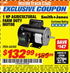 Harbor Freight ITC Coupon SMITH + JONES 1 HP FARM DUTY AGRICULTURAL MOTOR Lot No. 57338/68288 Expired: 9/30/18 - $132.99