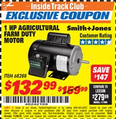 Harbor Freight ITC Coupon SMITH + JONES 1 HP FARM DUTY AGRICULTURAL MOTOR Lot No. 57338/68288 Expired: 11/30/18 - $132.99