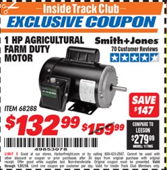 Harbor Freight ITC Coupon SMITH + JONES 1 HP FARM DUTY AGRICULTURAL MOTOR Lot No. 57338/68288 Expired: 1/31/19 - $132.99