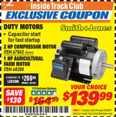 Harbor Freight ITC Coupon 1 HP FARM DUTY AGRICULTURAL MOTOR Lot No. 68288 Expired: 2/29/20 - $139.99