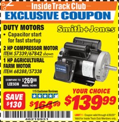Harbor Freight ITC Coupon SMITH + JONES 1 HP FARM DUTY AGRICULTURAL MOTOR Lot No. 57338/68288 Expired: 4/30/20 - $139.99