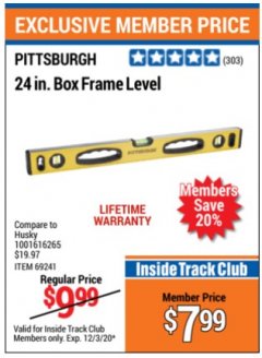 Harbor Freight Coupon 24" BOX FRAME LEVEL Lot No. 69241 Expired: 12/3/20 - $7.99