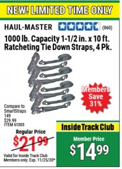 Harbor Freight ITC Coupon HAUL-MASTER 1000 LB. CAPACITY, 1-1/2 IN. X 10 FT. RATCHETING TIE-DOWN STRAPS, 4-PACK Lot No. 61303 Expired: 11/25/20 - $14.99