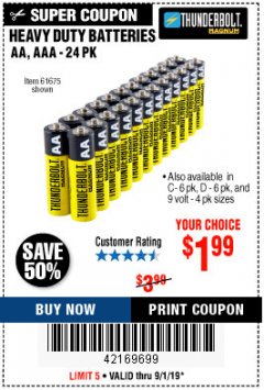 Harbor Freight Coupon C D 9V HEAVY DUTY BATTERIES Lot No. 68384/61274/61679/68381/61275/61676/68383 Expired: 9/1/19 - $1.99