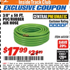 Harbor Freight ITC Coupon 3/8" x 50 FT. PVC/RUBBER AIR HOSE Lot No. 60358/62256 Expired: 11/30/18 - $17.99