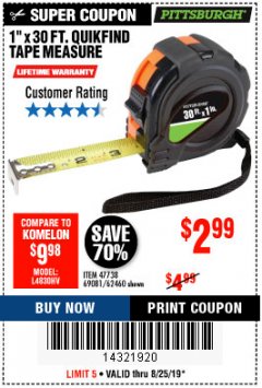Harbor Freight Coupon 1" x 30 FT. QUICKFIND TAPE MEASURE WITH ABS CASING Lot No. 62460/69081 Expired: 8/25/19 - $2.99