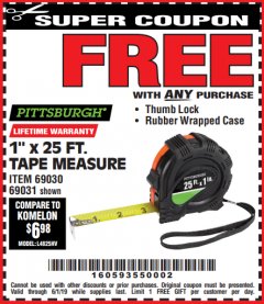 Harbor Freight FREE Coupon 1" X 25 FT. TAPE MEASURE Lot No. 69080/69030/69031 Expired: 6/1/19 - FWP
