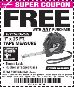 Harbor Freight FREE Coupon 1" X 25 FT. TAPE MEASURE Lot No. 69080/69030/69031 Expired: 8/1/19 - FWP