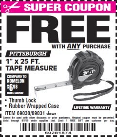 Harbor Freight FREE Coupon 1" X 25 FT. TAPE MEASURE Lot No. 69080/69030/69031 Expired: 5/12/19 - FWP