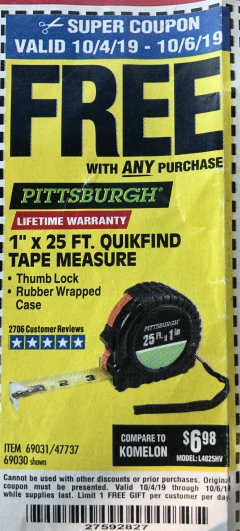 Harbor Freight FREE Coupon 1" X 25 FT. TAPE MEASURE Lot No. 69080/69030/69031 Expired: 10/6/19 - FWP