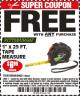 Harbor Freight FREE Coupon 1" X 25 FT. TAPE MEASURE Lot No. 69080/69030/69031 Expired: 1/10/18 - FWP