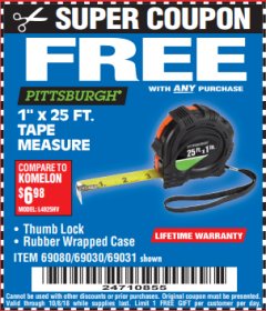 Harbor Freight FREE Coupon 1" X 25 FT. TAPE MEASURE Lot No. 69080/69030/69031 Expired: 10/7/18 - FWP