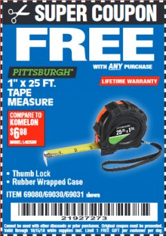 Harbor Freight FREE Coupon 1" X 25 FT. TAPE MEASURE Lot No. 69080/69030/69031 Expired: 10/15/18 - FWP