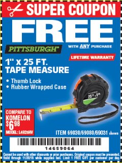 Harbor Freight FREE Coupon 1" X 25 FT. TAPE MEASURE Lot No. 69080/69030/69031 Expired: 11/30/18 - FWP