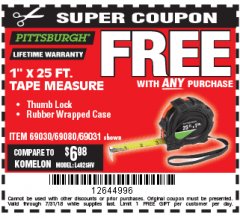 Harbor Freight FREE Coupon 1" X 25 FT. TAPE MEASURE Lot No. 69080/69030/69031 Expired: 7/31/18 - FWP