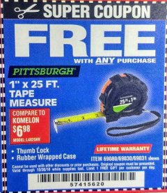 Harbor Freight FREE Coupon 1" X 25 FT. TAPE MEASURE Lot No. 69080/69030/69031 Expired: 10/30/18 - FWP