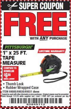 Harbor Freight FREE Coupon 1" X 25 FT. TAPE MEASURE Lot No. 69080/69030/69031 Expired: 11/1/18 - FWP