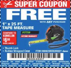 Harbor Freight FREE Coupon 1" X 25 FT. TAPE MEASURE Lot No. 69080/69030/69031 Expired: 11/3/18 - FWP