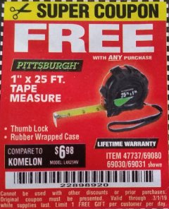 Harbor Freight FREE Coupon 1" X 25 FT. TAPE MEASURE Lot No. 69080/69030/69031 Expired: 3/1/19 - FWP