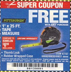 Harbor Freight FREE Coupon 1" X 25 FT. TAPE MEASURE Lot No. 69080/69030/69031 Expired: 5/22/19 - FWP