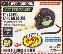 Harbor Freight Coupon 1" X 25 FT. TAPE MEASURE Lot No. 69080/69030/69031 Expired: 10/31/19 - $2.19