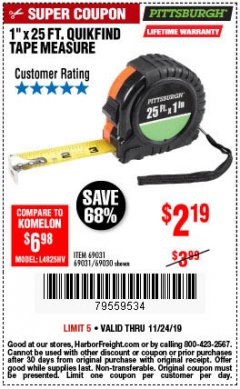 Harbor Freight Coupon 1" X 25 FT. TAPE MEASURE Lot No. 69080/69030/69031 Expired: 11/24/19 - $2.19