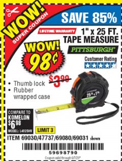 Harbor Freight Coupon 1" X 25 FT. TAPE MEASURE Lot No. 69080/69030/69031 Expired: 6/30/20 - $0.98