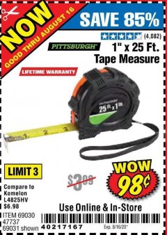 Harbor Freight Coupon 1" X 25 FT. TAPE MEASURE Lot No. 69080/69030/69031 Expired: 8/16/20 - $0.98