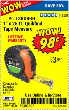 Harbor Freight Coupon 1" X 25 FT. TAPE MEASURE Lot No. 69080/69030/69031 Expired: 7/31/20 - $0.98