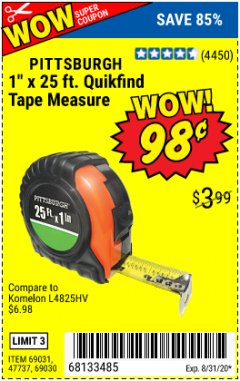 Harbor Freight Coupon 1" X 25 FT. TAPE MEASURE Lot No. 69080/69030/69031 Expired: 8/31/20 - $0.98