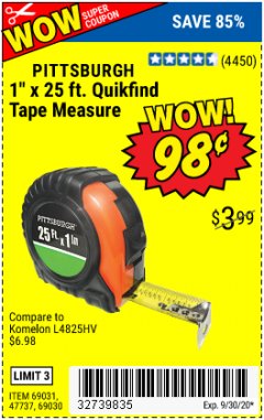 Harbor Freight Coupon 1" X 25 FT. TAPE MEASURE Lot No. 69080/69030/69031 Expired: 9/30/19 - $0.98