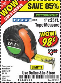 Harbor Freight Coupon 1" X 25 FT. TAPE MEASURE Lot No. 69080/69030/69031 Expired: 10/13/20 - $0.98